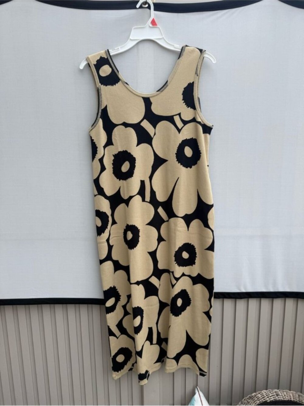 MARIMEKKO Simpukka Unikko Rib Floral Cotton Tank Dress in Beige Black NWT - Picture 3 of 11
